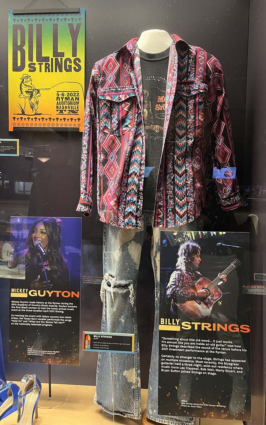 Outfit from Billy Strings on display at Ryman Auditorium.