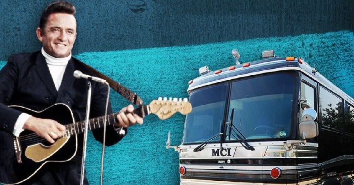 Composite photo of Johnny Cash and the tour bus on display at the Ryman