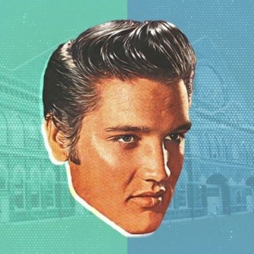 Composite photo with the bust of Elvis Presley overlayed the exterior of the Ryman