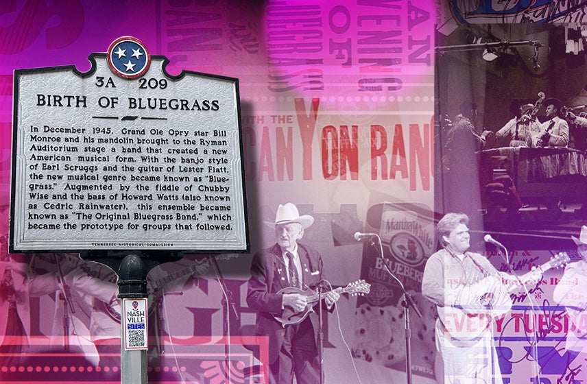 Image of a placard describing the Birth of Bluegrass along with images of famous bluegrass musicians