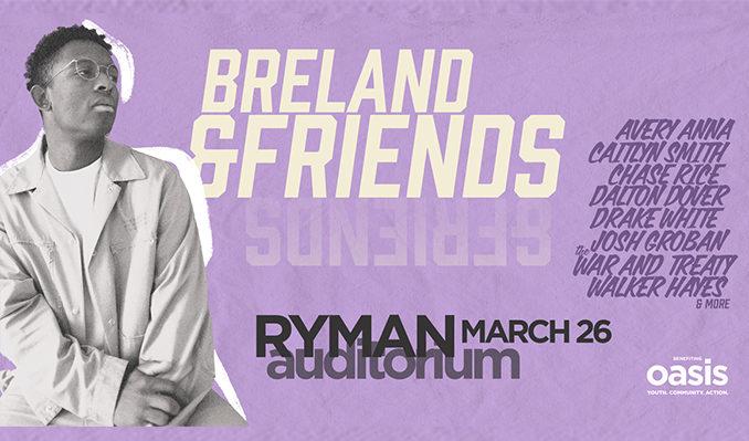 Artwork of the artist BRELAND with text that says BRELAND & Friends and lists artists and event information